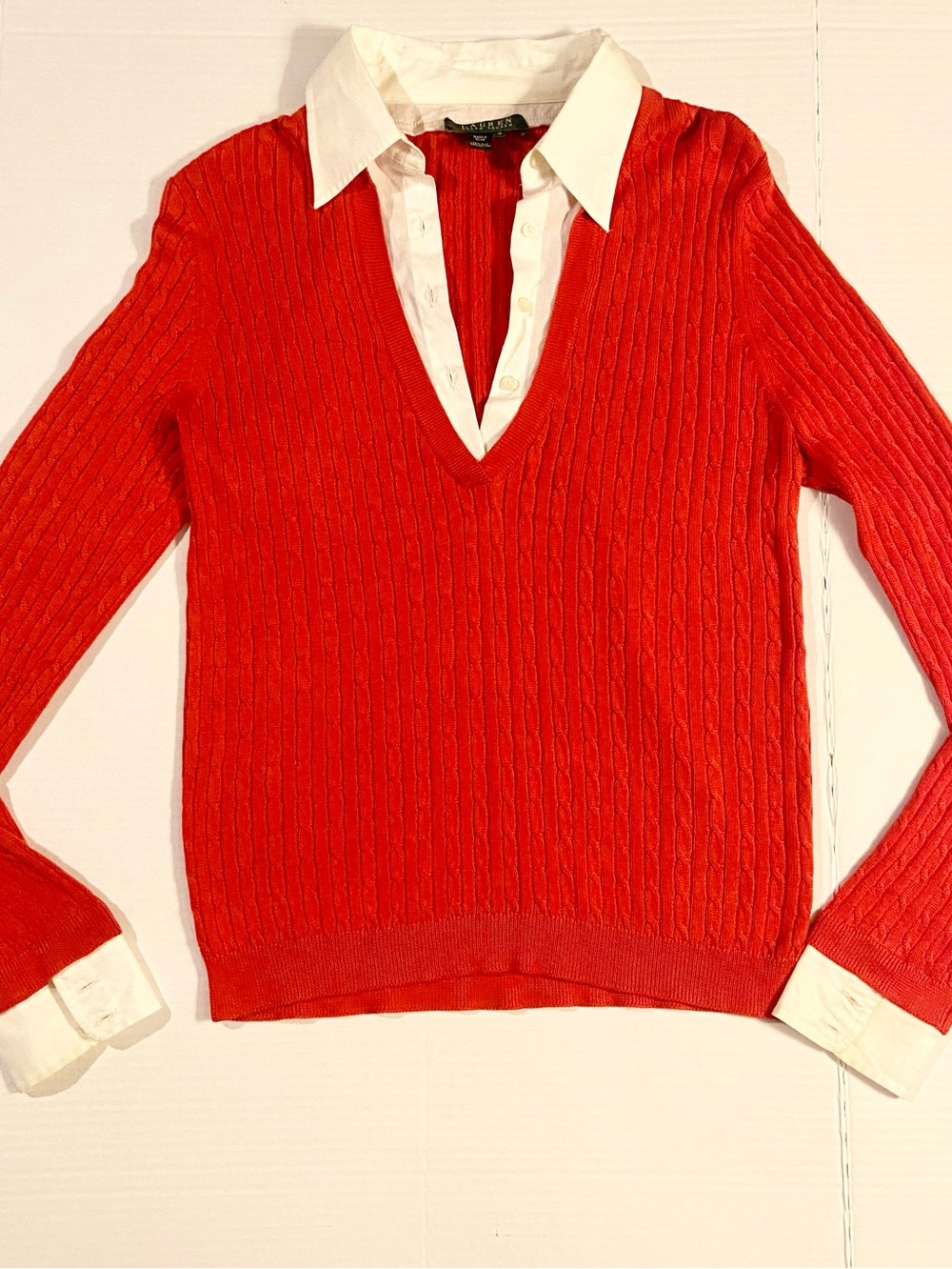 Ralph Lauren Red Cable-Knit V-Neck Sweater with White Attached Collar